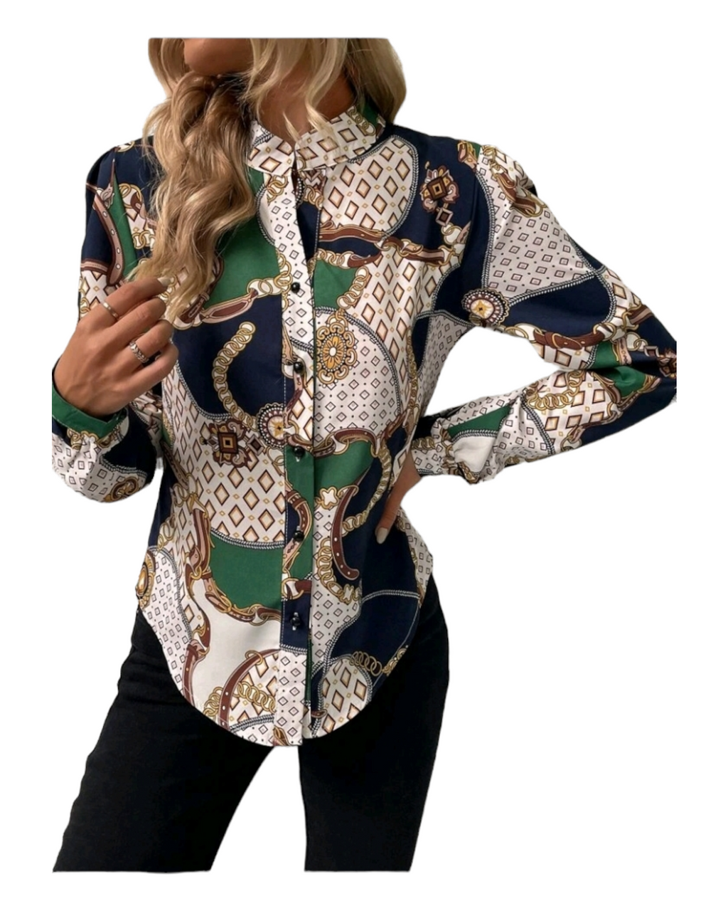 Button front geo floral blouse