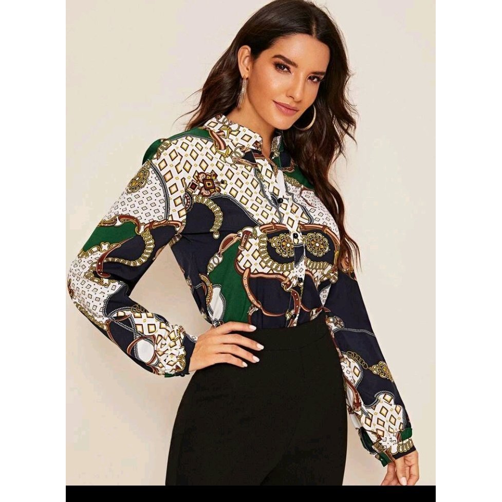 Button front geo floral blouse - Boss diva fashions