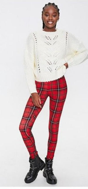 Ladies red plaid leggings - Boss diva fashions